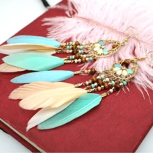 1 對高端復古串珠羽毛吊墜吊墜耳環適合女孩和女士,非常適合節日、婚禮、生日、派對、日常佩戴 - 水鴨藍 - 查看 6