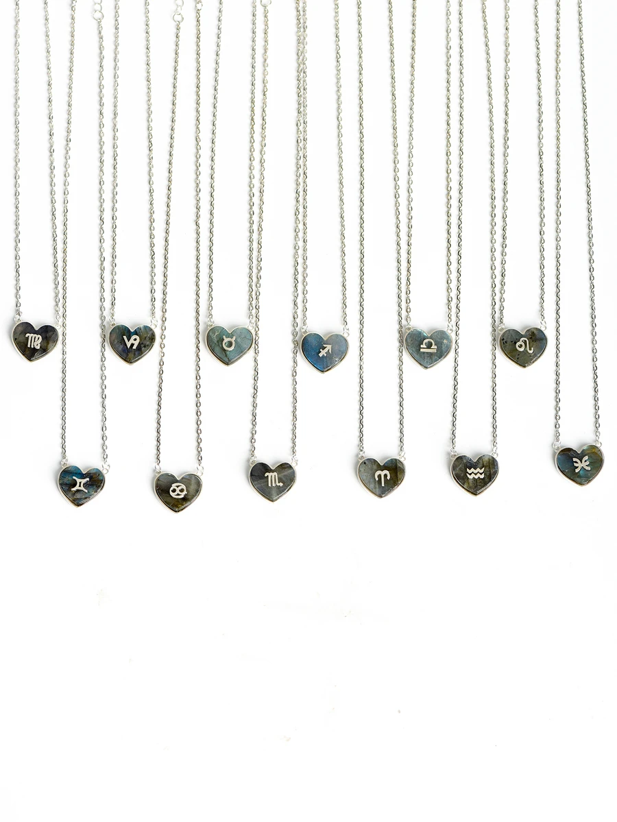 1入組12星座心形天然蘭巴石時尚吊墜,附925銀製鍊,適合日常穿著和女孩生日禮物