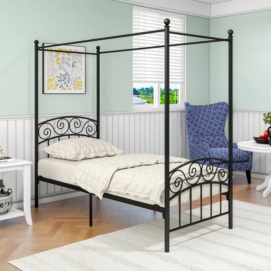 Beijiyi marco de la cama con dosel de metal cama de hierro con dosel cama de metal de diseño clásico dormitorio marco de la cama sin colchón, negro 90x200cm - Negro - Ver 1