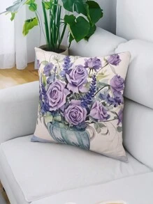 1個雙面印花天鵝絨靠墊套,古董紫色玫瑰圖案 - 彩色 - 查看 1