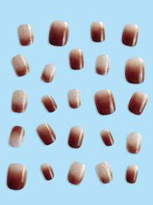 24 件短方形漸層半透明焦糖色美甲套裝,按壓指甲,適合女士和女孩。 - 彩色 - 查看 3