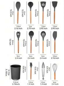 12 Pieces/Set Of Simple Wooden Handle Multi-Purpose Kitchen Tools Suitable For Non Stick Cookware, Including Spatulas, Spoons, Storage Buckets, Etc - Black - View 2
