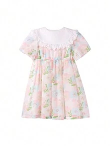 Annil 青少女夏季甜美可愛花卉高腰裙，時尚的蕾絲翻領裙子，粉色 - 粉色 - 查看 2