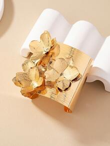 1pc Vintage Bohemian Style Exaggerated Metal Flower Cuff Bangle - Yellow Gold - View 2