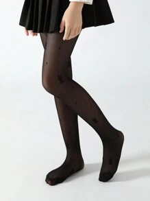 1pc Toddler Girls'  Jacquard Thin, High-Stretch Pantyhose With Socks, Suitable For Daily Wear, Cute School Style - Black - View 2