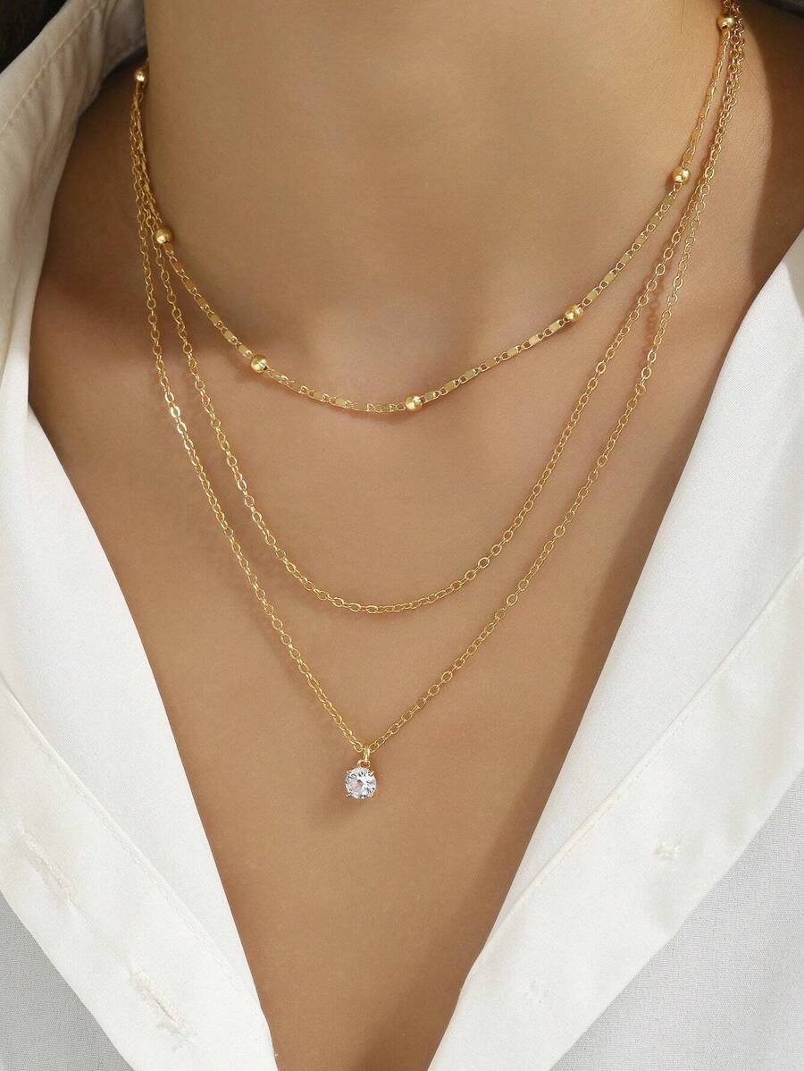 2 件优雅锆石多层项链，适合女士，休闲/正式配饰，节日礼物（珠子数量根据长度随机） - 金黃色 - 查看 1