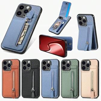 1入黑色休閒商務纖維編織磁翻蓋錢包手機殼，帶拉鍊口袋和支架功能，防摔手機保護殼，適用於iPhone