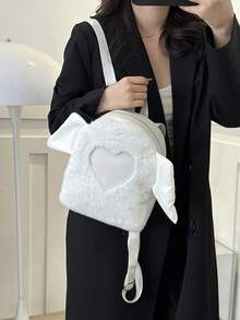 1pc Solid Color Plush Women's Backpack, Versatile Shoulder Bag - White - View 3