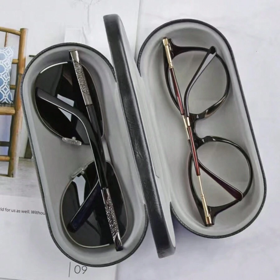 雙層眼鏡盒帶鏡子創意pu皮革太陽眼鏡盒收納盒可攜式旅行眼鏡配件 - 彩色 - 查看 1