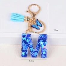 波西米亚风新款时尚女士蓝色爱心字母钥匙扣，树脂材质，带流苏蝴蝶吊坠，可挂在钥匙/钱包/背包/耳机孔等处，是情人节、学校、汽车、可爱哥特风、Y2K风格、圣诞节礼物、包包挂饰、汽车、老师、朋友、姐妹的理想之选。 - 彩色 - 查看 21