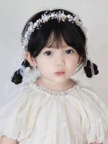 1件甜美花朵珍珠装饰公主风发箍，非常适合青少年日间表演、正式场合和婚礼花童。 - 白色 - 查看 4