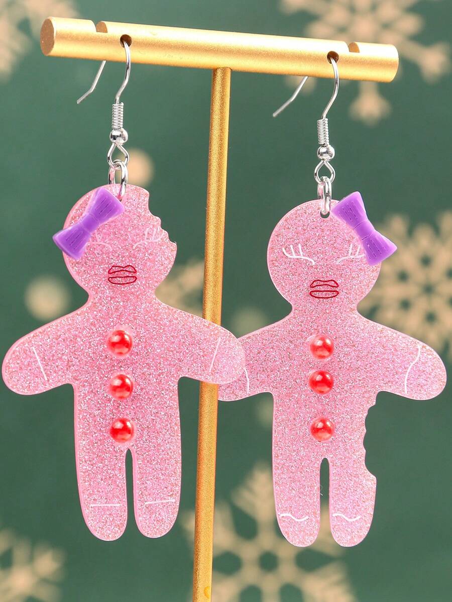 1 đôi Giáng sinh Vàng Bụi bặm Acrylic Đáng yêu Màu hồng Nơ & Người Gingerbread Vật rủ xuống Hoa tai Thích hợp Đối với Của phụ nữ Ngày lễ - Hồng - Xem 1