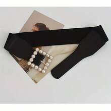 1入組仿珍珠方扣腰帶,優雅彈性黑色寬腰帶,經典裝飾裙子毛衣外套束腰帶,適合女性使用