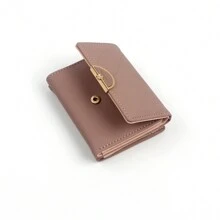 时尚粉色短款钱包带信用卡槽身份证窗口三折多功能女士钱包钱包小钱包 - 藕粉色 - 查看 5