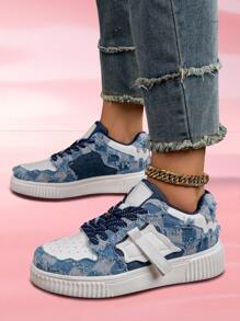 新款時尚男女不分束穿的牛仔布拼接平底鞋,厚底,舒適耐穿,透氣耐滑,適用於情侶和休閒運動活動 - 藍色 - 查看 3