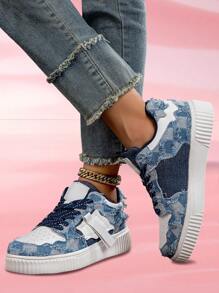 新款時尚男女不分束穿的牛仔布拼接平底鞋,厚底,舒適耐穿,透氣耐滑,適用於情侶和休閒運動活動 - 藍色 - 查看 4