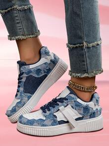 新款時尚男女不分束穿的牛仔布拼接平底鞋,厚底,舒適耐穿,透氣耐滑,適用於情侶和休閒運動活動 - 藍色 - 查看 5