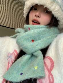 1件多色個性化心形刺繡漸變保暖聚酯多巴胺圍巾,適用於任何場合可愛又實用 - 薄荷綠 - 查看 3