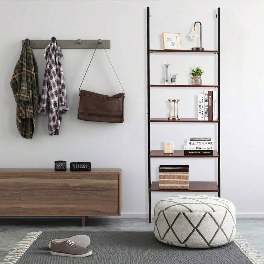Wall Shelf With 5 Levels, Ladder Shelf Made Of Iron And Wood, Metal Shelf In Industrial Design, Bathroom Shelf Mounted On The Wall, Stable, Lots Of Storage Space, Shelf For Bathroom, Living Room (Brown) - Brown - View 1