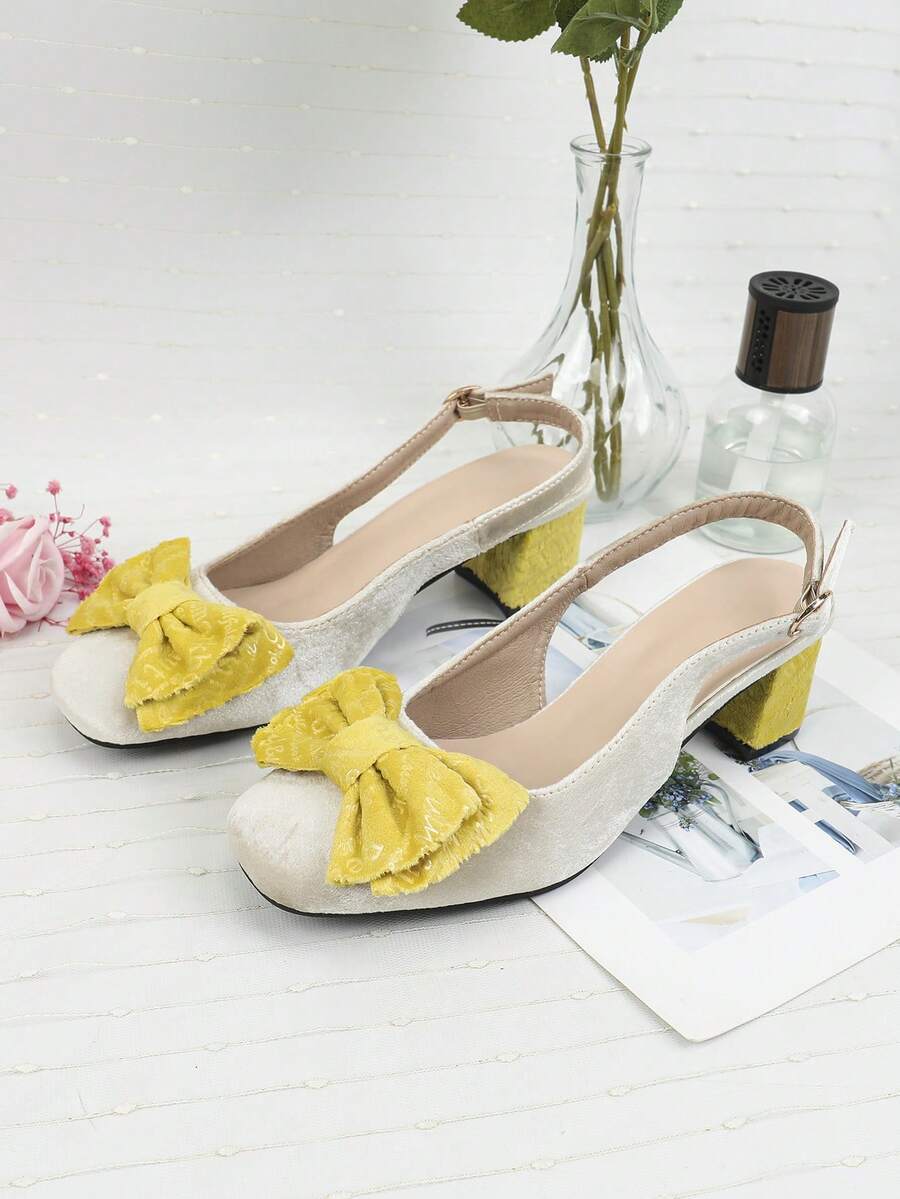 Của phụ nữ Dày Gót chân Da lộn Mùa thu Giày dép Với Bowknot Mặt trước Và Mở Lưng - Màu vàng - Xem 1