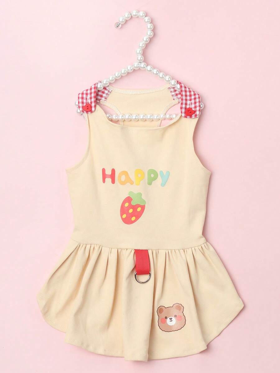 1件小貓小狗用帶胸背帶可愛熊圖案格紋領帶運動連衣裙,適用於四季室內外穿著 - 彩色 - 查看 1