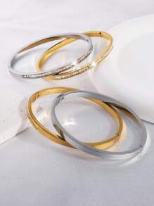 Camhanno 4pcs/set Fashionable Stainless Steel Simple Square Rhinestone Bangle Bracelet For Women, Perfect For Dating, No Fading - Multicolor - View 4