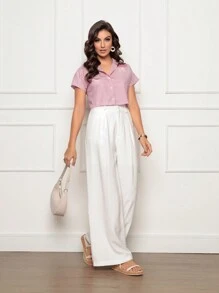 條紋麻花短袖鈕扣上衣,純棉時尚款式 - 玫紅色 - 查看 3