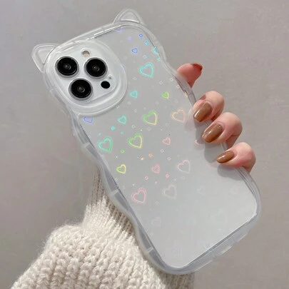 Ốp lưng điện thoại TPU hình tai mèo độc đáo, thời trang, dáng sóng + hiệu ứng laser, chống sốc, dày dặn, trong suốt, tương thích với iPhone 7/8/7plus/8plus/X/XS/XR/XSmax/11/11pro/11promax/12/12pro/12promax/13/13pro/13promax/14/14pro/14promax/14plus/15/15pro/15plus/15promax/16/16pro/16plus/16promax Chống thấm nước, chống rơi, chống trầy xước, quà tặng mùa xuân, tiệc tùng, 1 chiếc.