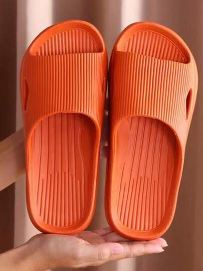 Women's Fashionable Orange Stripe Open Toe Flat Slippers With Anti-skid Soft Sole For Home
