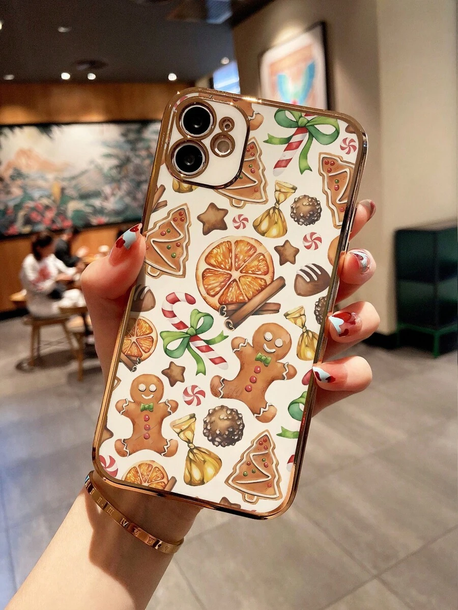 1pc Simple Gingerbread Man And Chocolate Pattern Laser Carved Electroplated Phone Case With Christmas Atmosphere, Compatible With Iphone - Multicolor - View 1