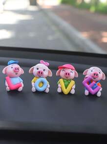 4pcs Cute Piggy Love Car Decoration, Creative Car Dashboard Ornament - Multicolor - View 5