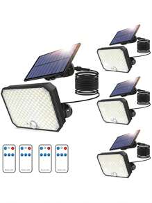 4 件/2 件户外太阳能灯 190 LED 带遥控照明，6000LM 运动传感器太阳能泛光灯，防水安全灯超级黄昏到黎明太阳能照明，室内外庭院车库公园广场门廊照明装饰灯，户外花园照明适用于小路、庭院、露台 - 黑色 - 查看 4