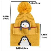 可愛的小企鵝兒童帽子和圍巾套裝,嬰兒冬季針織帽子帶有耳保暖袋和圍巾頸暖器,加厚 - 卡其色 - 查看 4