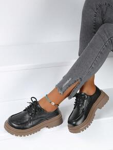 Của phụ nữ Nhỏ bé Da Giày dép , Retro Phong cách Anh quốc Lace-up Chóp giầy tròn Dày Đáy Tăng Chiều Cao Giày dép Với Khối màu , Mùa xuân/Mùa thu 2023 - Màu Khaki - Xem 2