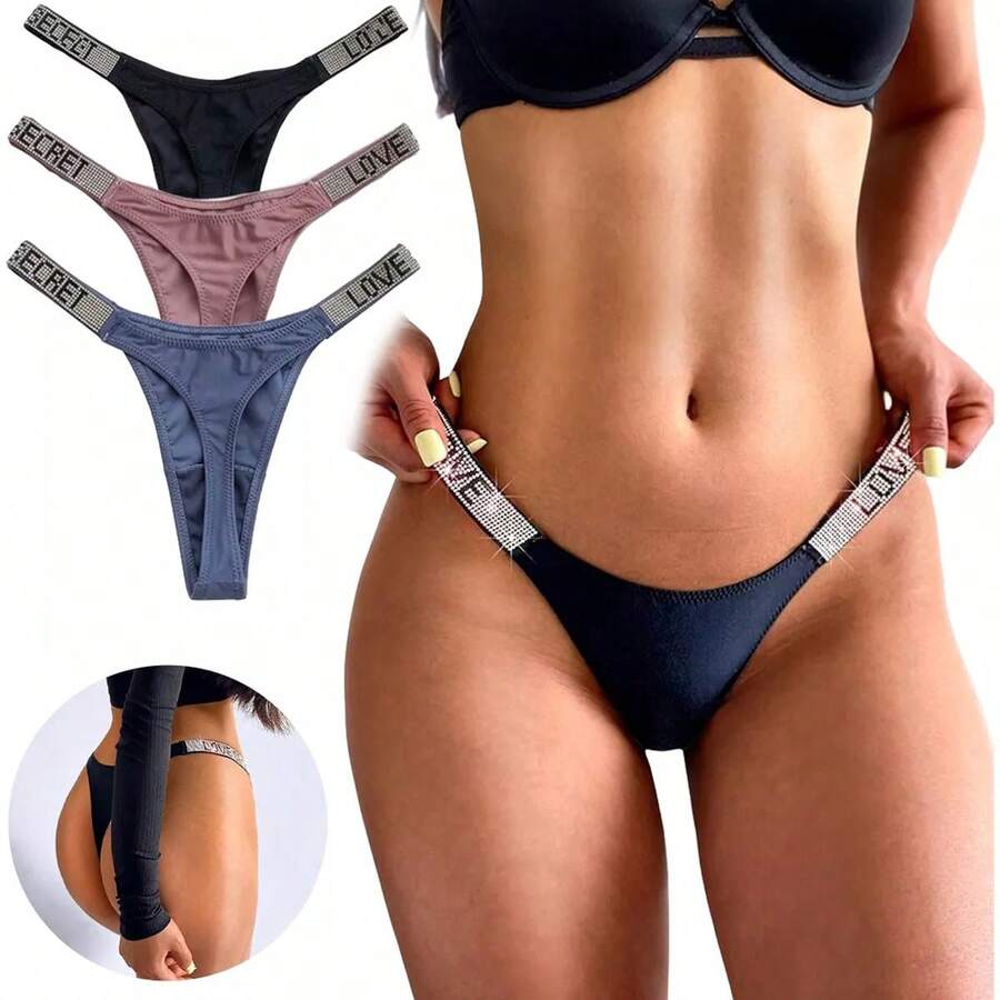 Love's Secret Thong Panty Bikini Rhinestone Panty - Pink - View 1
