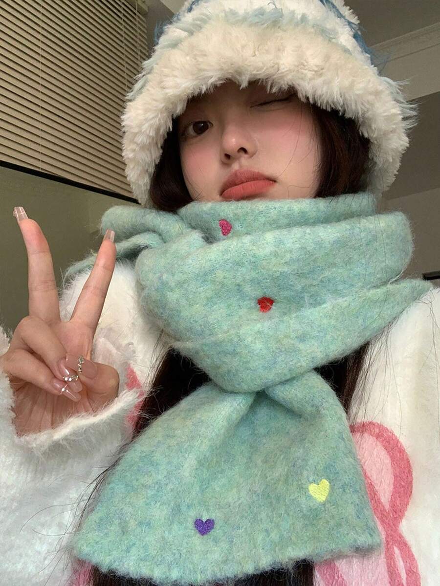 1件多色個性化心形刺繡漸變保暖聚酯多巴胺圍巾,適用於任何場合可愛又實用 - 薄荷綠 - 查看 1