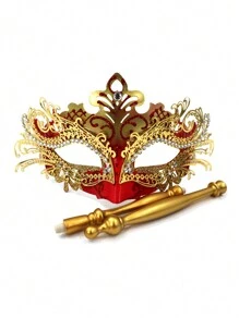帶固定棍的化妝舞會面具,威尼斯面具服裝,嘉年華面具女士派對 - 金色 - 查看 2