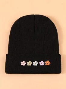 1pc Ladies' Black Simple Leisure Knitted Flower Decoration Beanie, Cute And Fashionable Adhesive Cap With No Brim, Suitable For Daily Use - Black - View 1