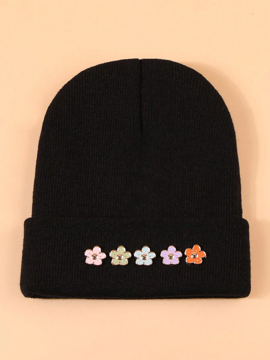 1pc Ladies' Black Simple Leisure Knitted Flower Decoration Beanie, Cute And Fashionable Adhesive Cap With No Brim, Suitable For Daily Use - Black - View 1