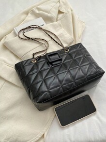 Stylish Solid Color Elegant Quilted Zipper Chain Shoulder Bag - Black - View 3