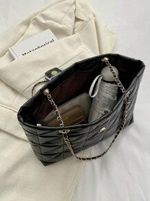 Stylish Solid Color Elegant Quilted Zipper Chain Shoulder Bag - Black - View 4