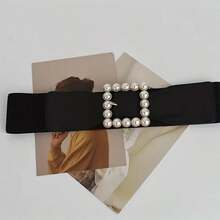 1入組仿珍珠方扣腰帶,優雅彈性黑色寬腰帶,經典裝飾裙子毛衣外套束腰帶,適合女性使用