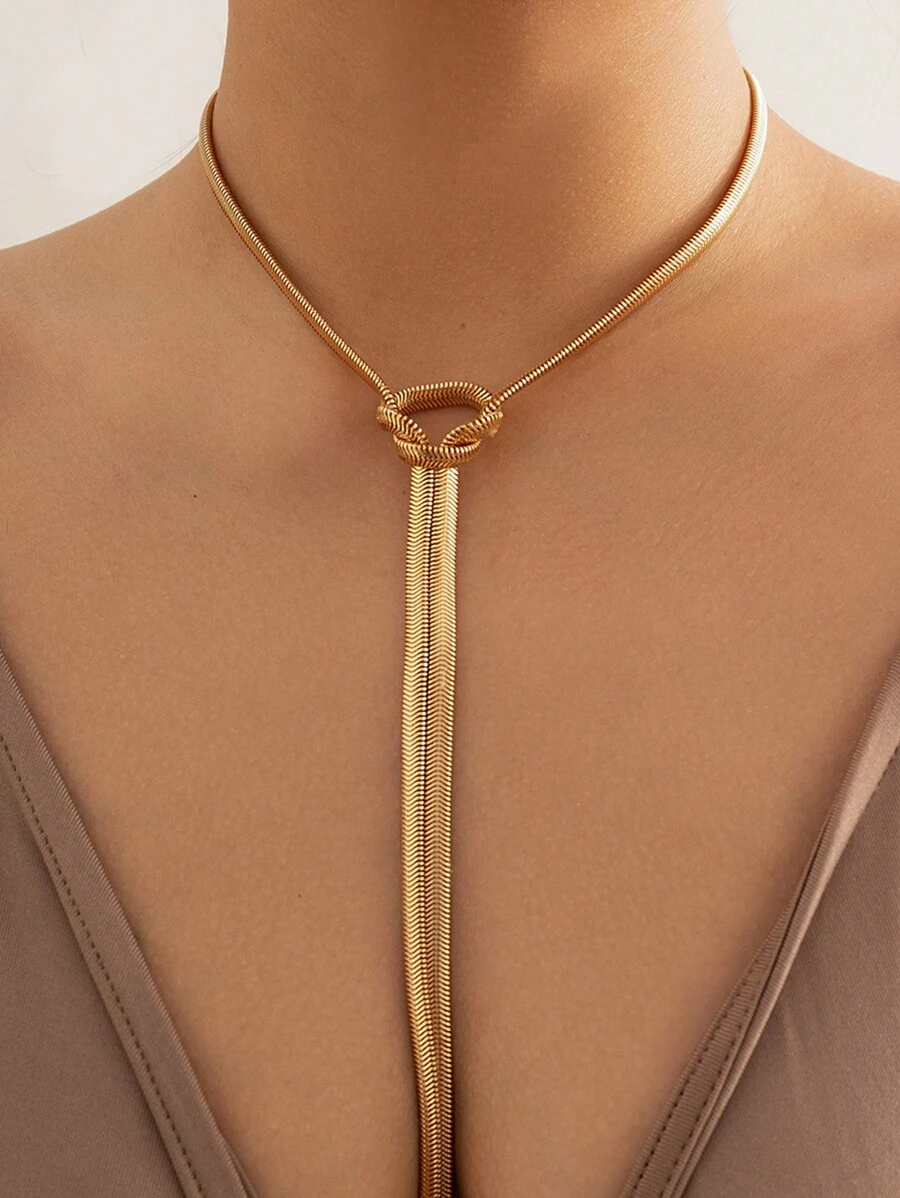 1件时尚蛇骨流苏链条项链，简约Y形金属项链，个性化环绕式设计，适合女士配饰 - 金黃色 - 查看 1