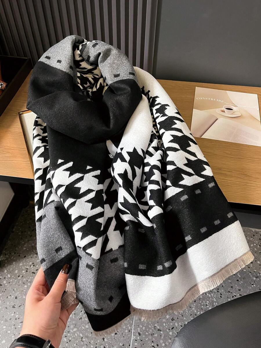 1入組女士雙面仿羊絨多色千鳥紋提花披肩,加厚保暖秋冬日常穿著圍巾