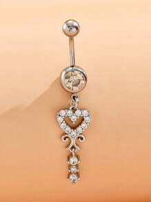 1 件不锈钢心形锆石流苏肚脐环，6 爪铜镶嵌锆石闪亮穿孔首饰，适合女士 - 銀色 - 查看 3