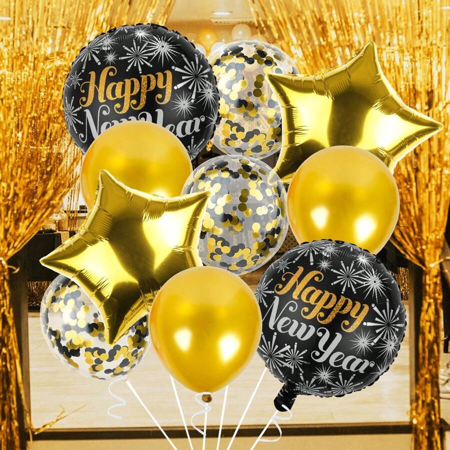 10入組快樂新年鋁箔氣球套裝,派對背景裝飾 - 黑金色 - 查看 1
