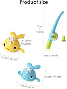 婴儿浴缸上发条玩具，卡通鲸鱼形状和磁性钓鱼游戏 2 合 1 水上玩具，适合幼儿洗澡时使用，ABS 材质，包含 1 根钓鱼竿和 2 条鲸鱼 - 彩色 - 查看 5