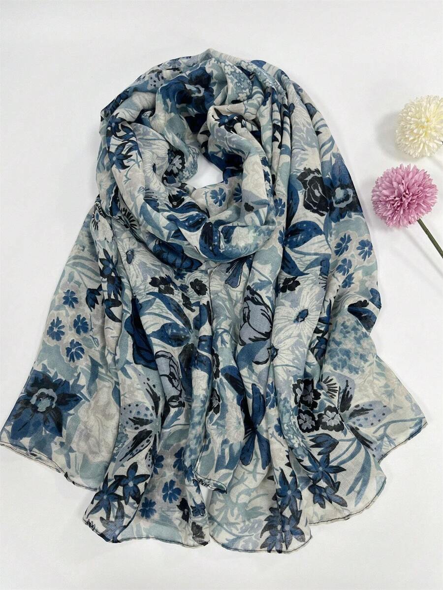 Ladies Floral Scarf, Spring Style Small Blue Flower Pattern, Soft & Comfortable For Both Spring And Autumn Valentine's Day - Blue - View 1