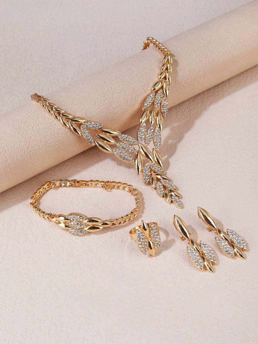 5pcs Rhinestone Bridal Jewelry Sets Leaves Shape Gold Color Elegant Party Necklace Bracelet Ring With Earrings For Daily Accessories - Multicolor - View 1