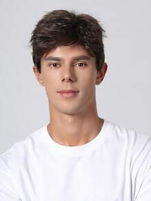 男士短假发深棕色假发合成假发服装万圣节自然发质假发短卷发圣诞节男士假发适合日常使用 - Dark Brown - 查看 2